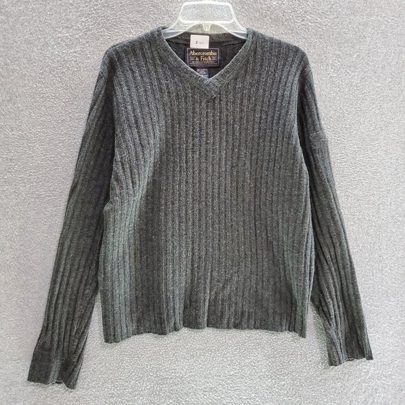 VINTAGE Abercrombie & Fitch Men Sweater Large Gray Lambswool Blend Rib Knit - Picture 1 of 7
